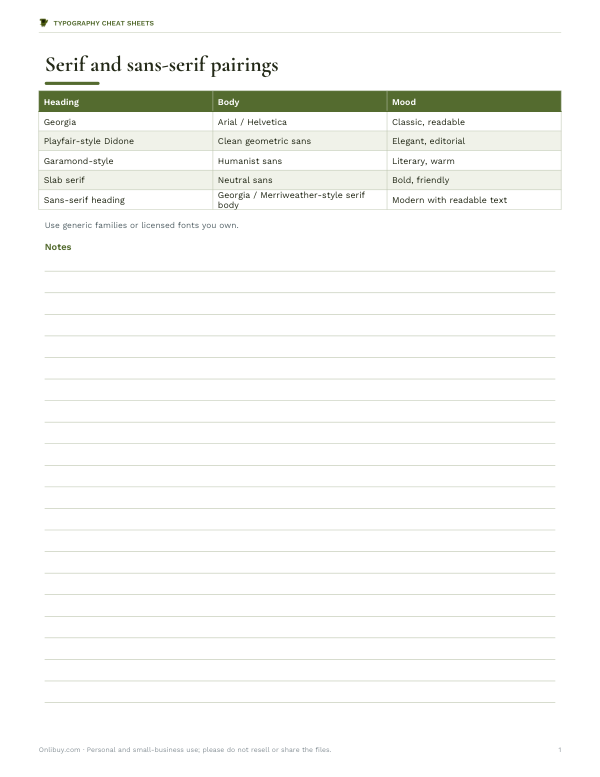 Preview of Printable Serif Font Pairing Guide